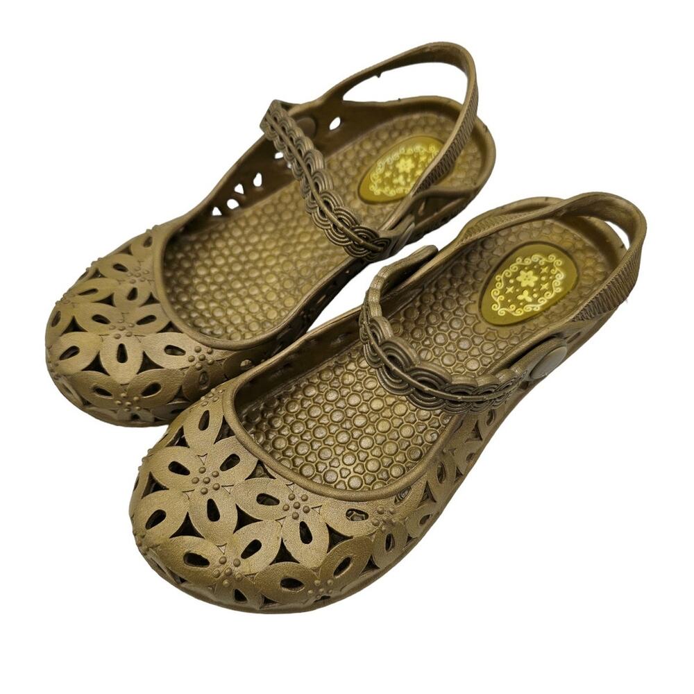 Toddler Girls Sz 10 Mary Jane Style Ballet Flats Gold Floral